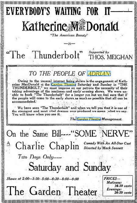 1919 article Garden Theatre, Adrian